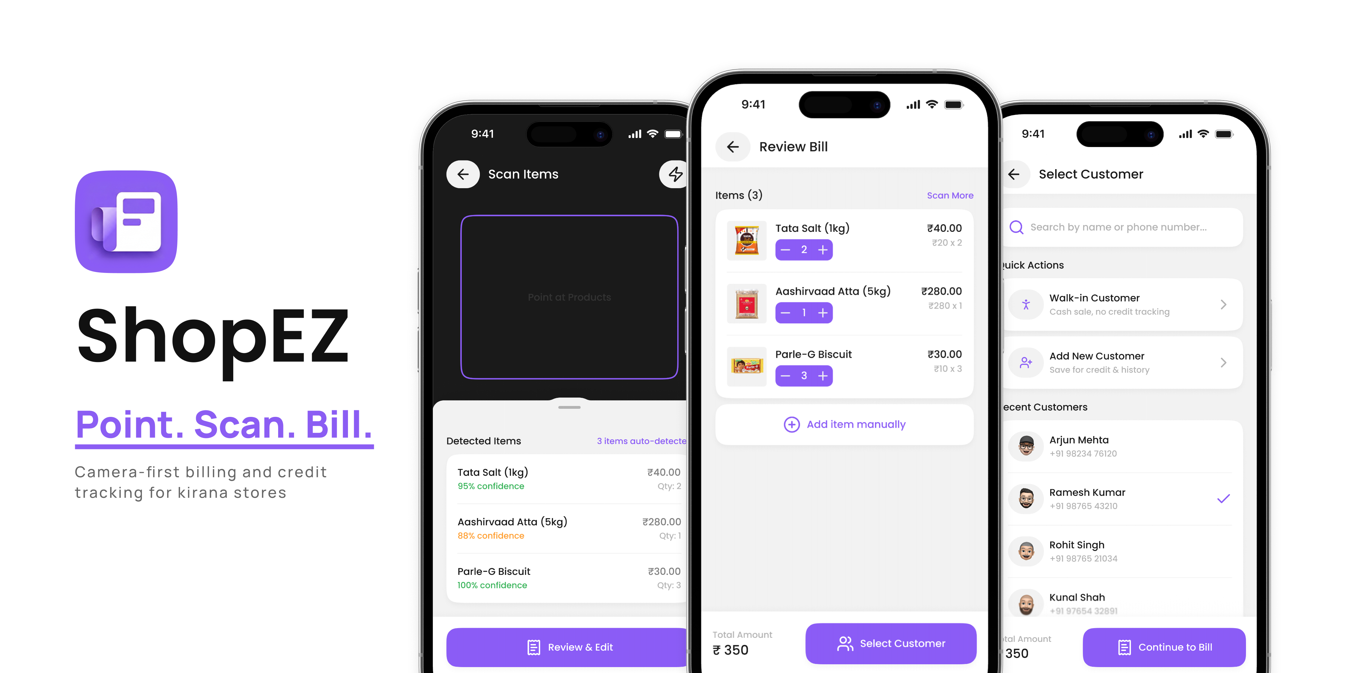 ShopEZ cover: the app icon, the title and the tagline Point. Scan. Bill., beside three phone screens showing scanning, bill review and customer selection.