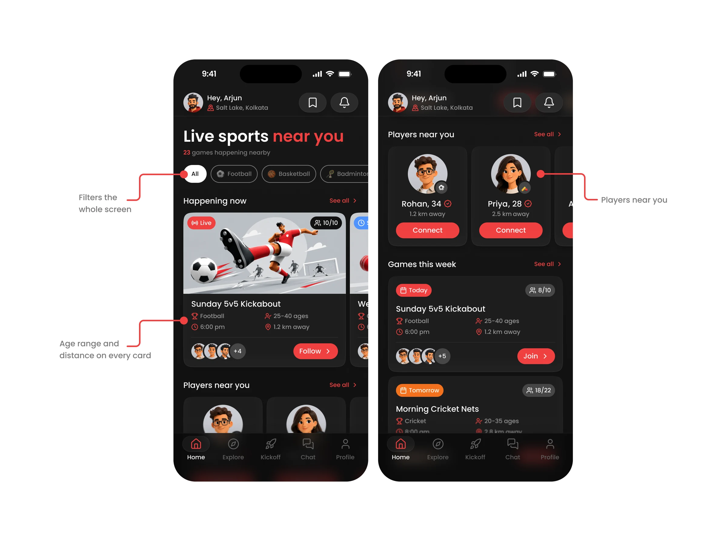 The Dashboard screen at the top and scrolled: sport filter chips, a Happening now live card, Players near you cards and a Games this week list.