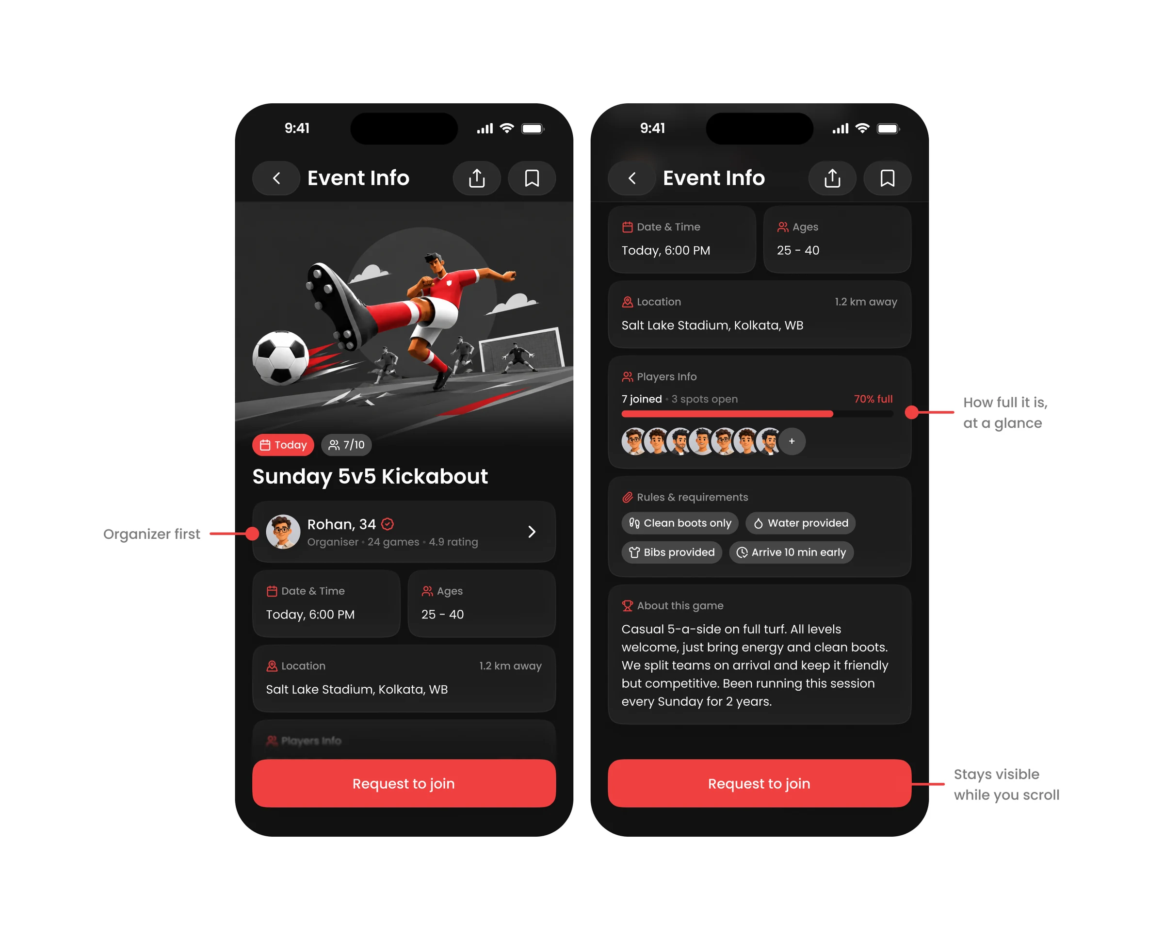 The Event Info screen at the top and scrolled: a sport illustration, organiser card, meta grid, a players fill bar showing 7 joined and 3 spots open, rules chips and an About this game note.