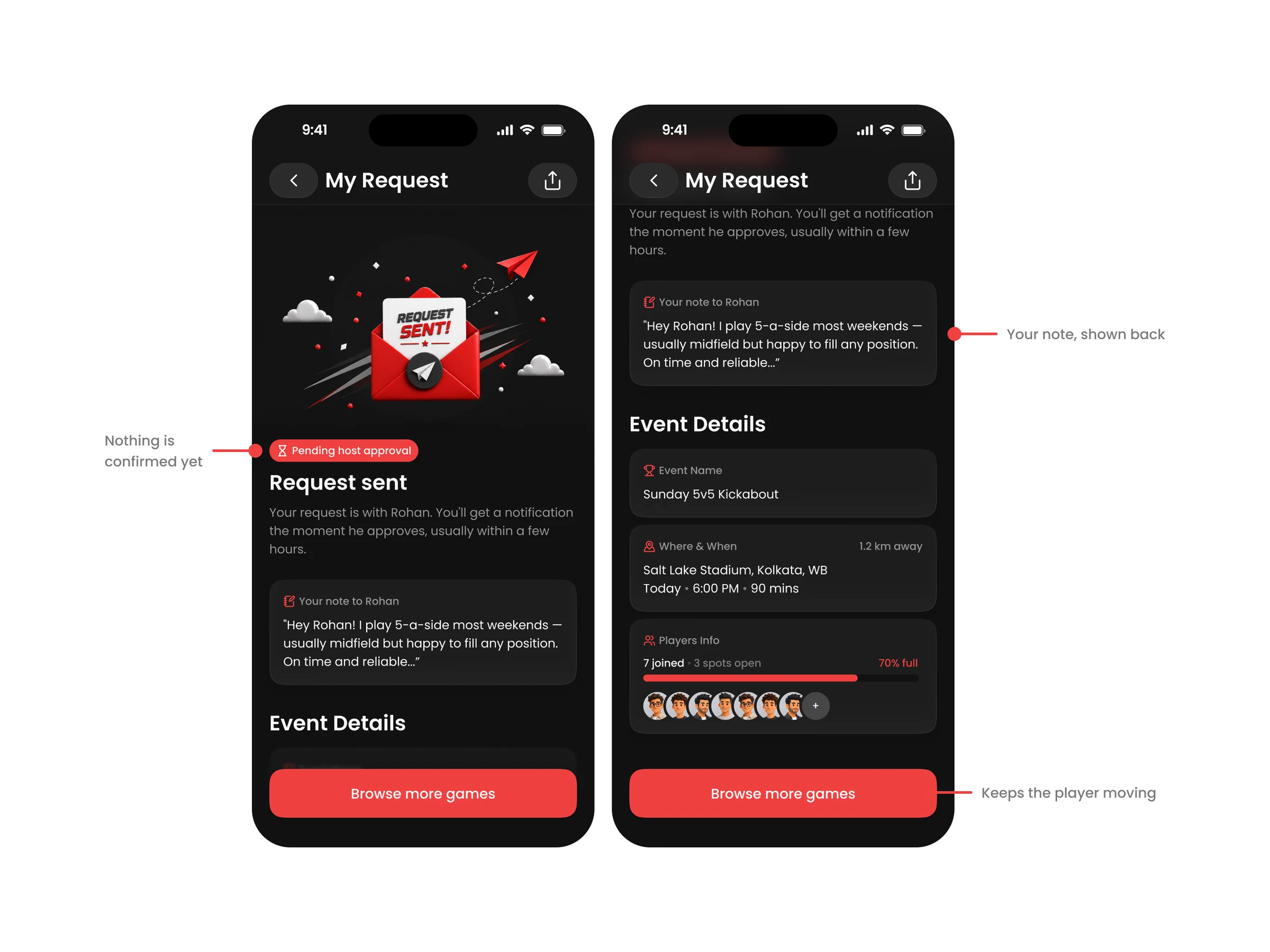 The My Request screen at the top and scrolled, with the Request sent illustration, the echoed note, and the event details with a players fill bar.